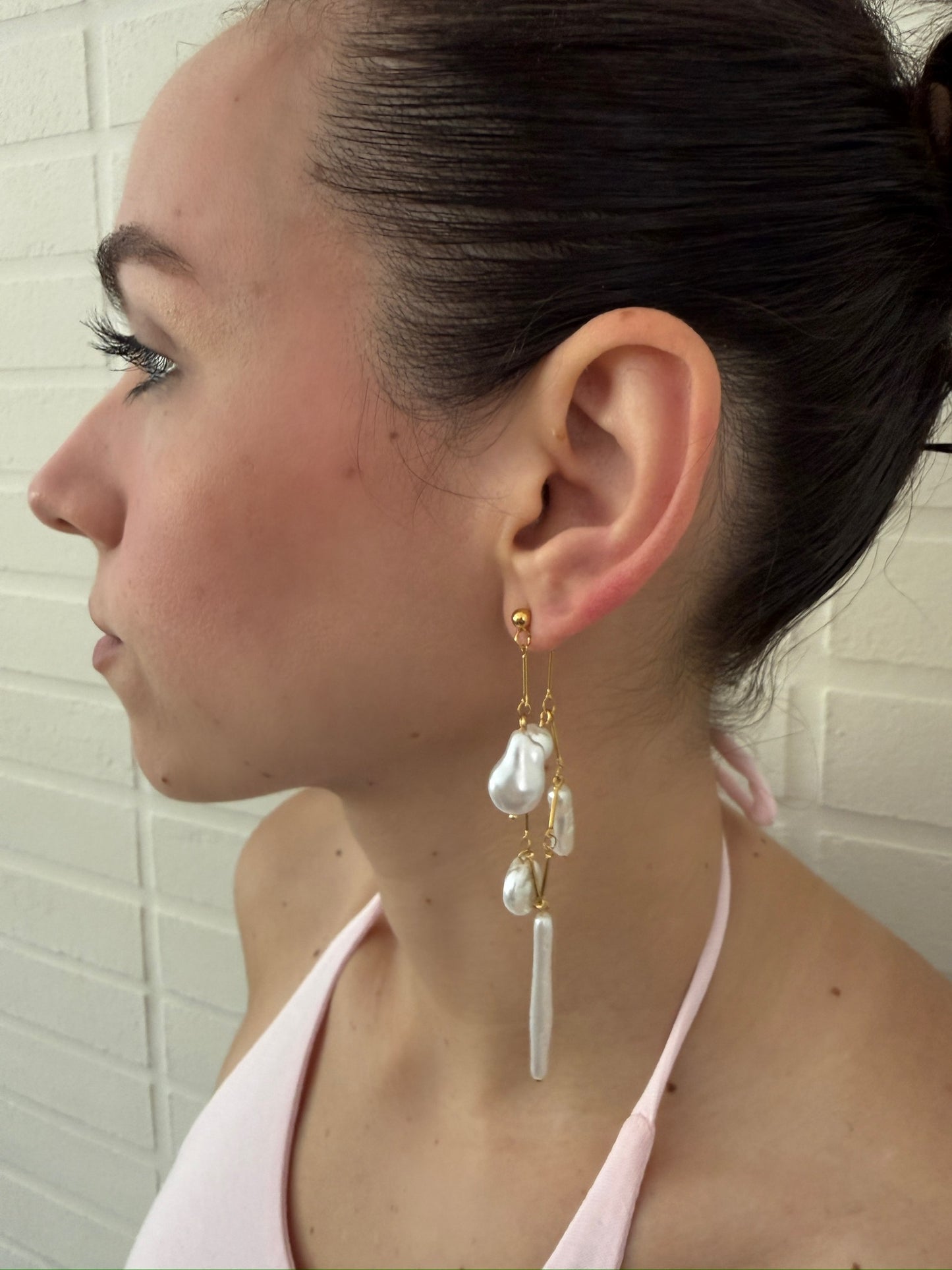 Gold Abstract Pearl Chain Earrings