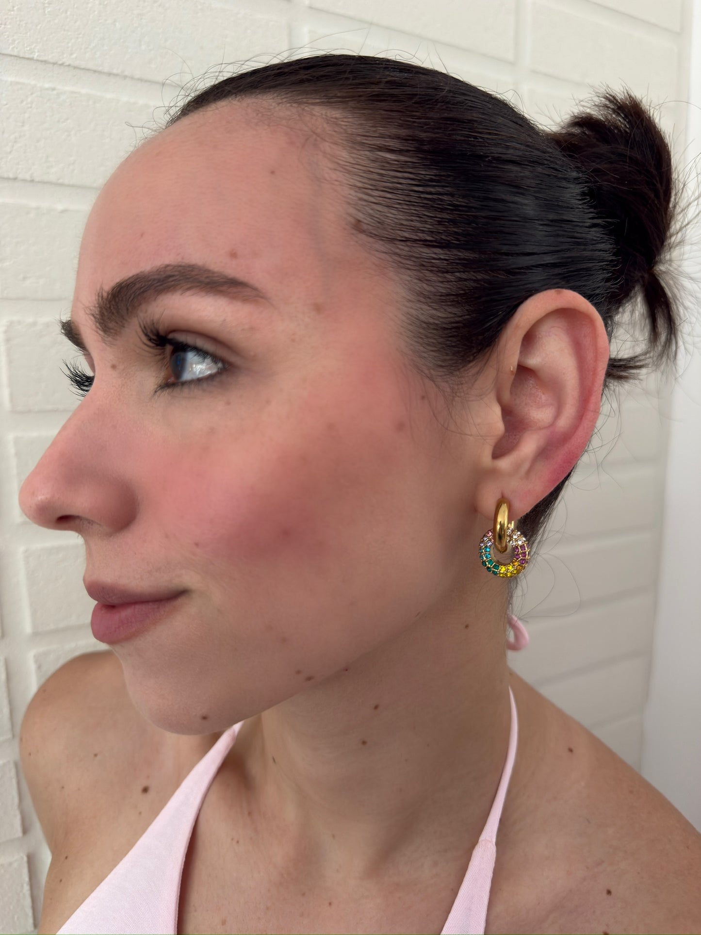 Gold Interlaced Small Hoop Earrings with Color Studs