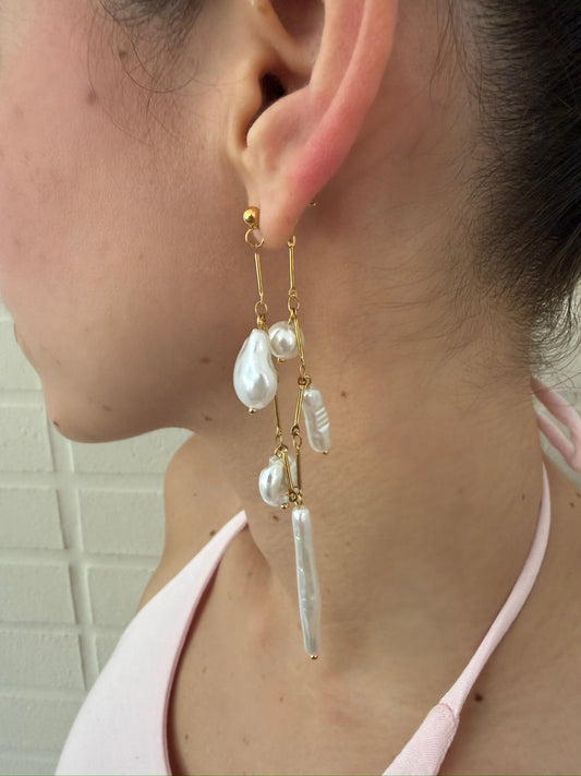 Gold Abstract Pearl Chain Earrings