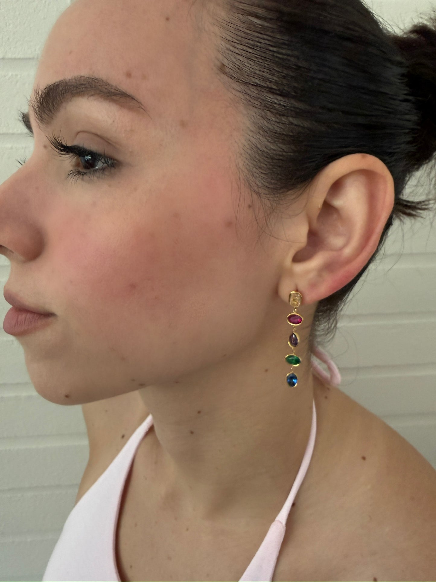 Gold Chain Drop Earrings with Color Studs