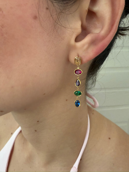 Gold Chain Drop Earrings with Color Studs