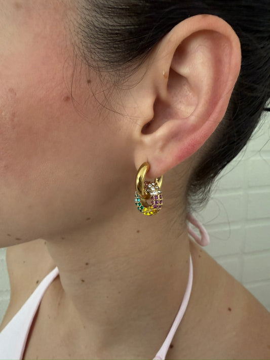Gold Interlaced Small Hoop Earrings with Color Studs